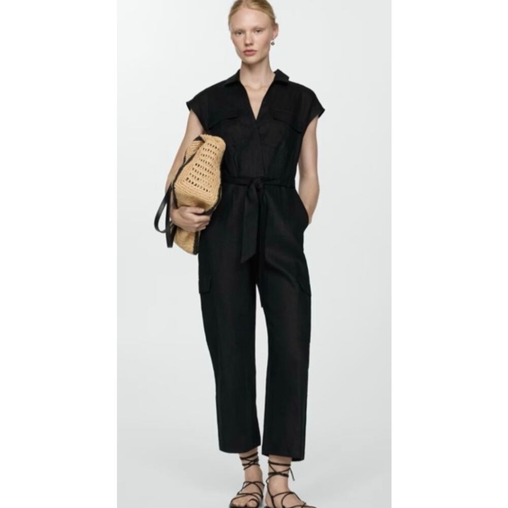 Mango Cargo Linen Jumpsuit Black Relax Women's XL Casual